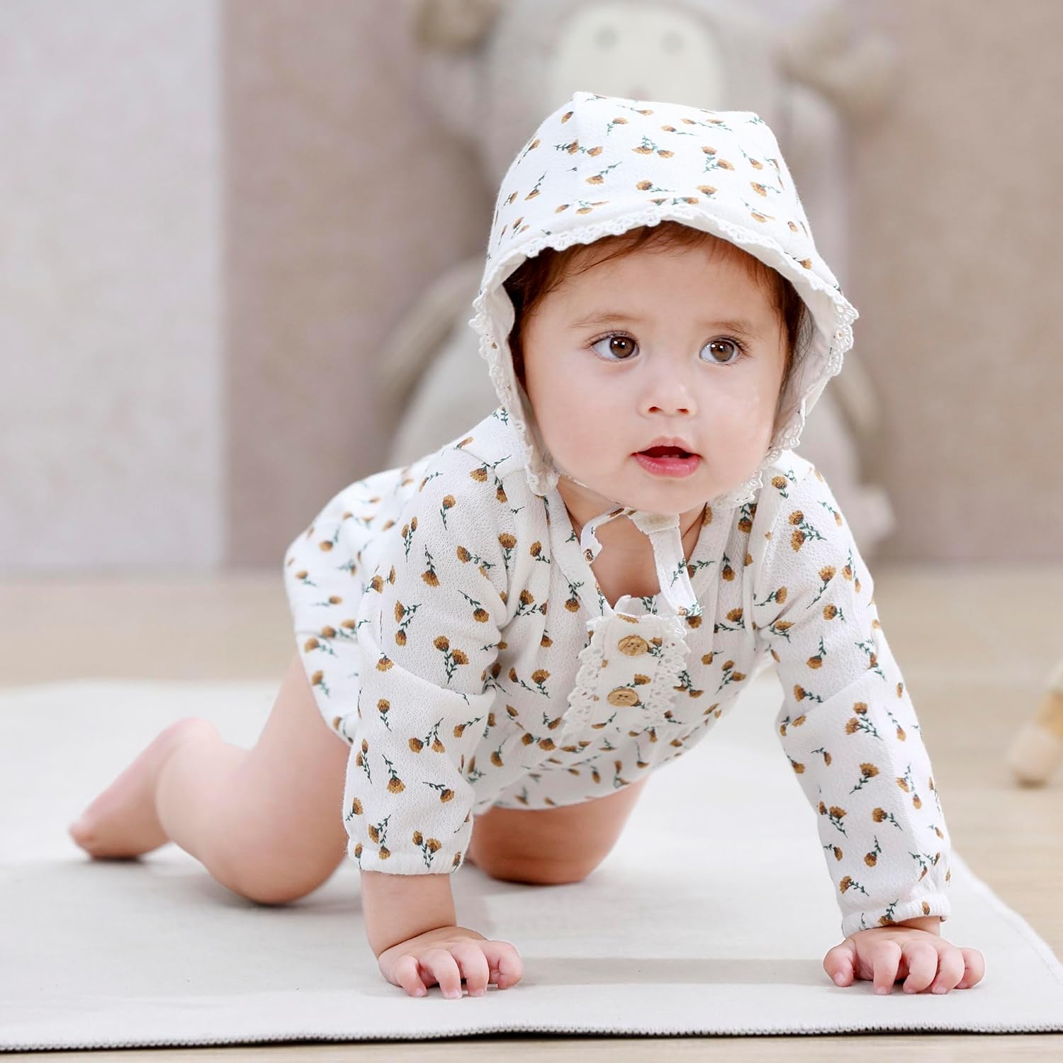 Newborn Baby Girl Clothes Cotton Bubble Rompers Infant Outfit Floral Long Sleeve Bodysuit, 3 Pack - Image 5