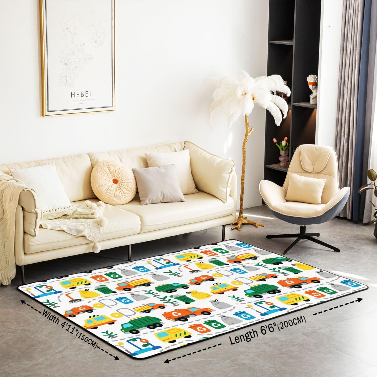 Homewish Müllabfuhr 150x200 Teppiche Wohnzimmer Müllwagen Rug Pflegeleicht Handgezeichnetes Recycling Thema Teppich Mülleimer Besen Säcke Bäume Carpet Living Room