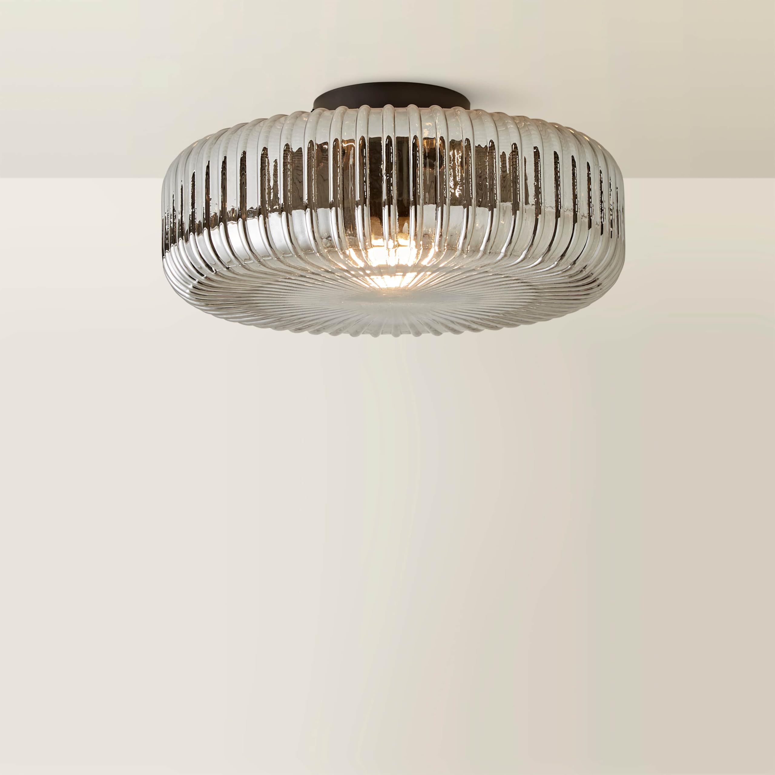 ValueLights | Calpe Matte Black Large Smoked Ribbed Glass Shallow Flush Ceiling Light | Ceiling Lights, Home Décor & Improvement Essential | Mains Wired