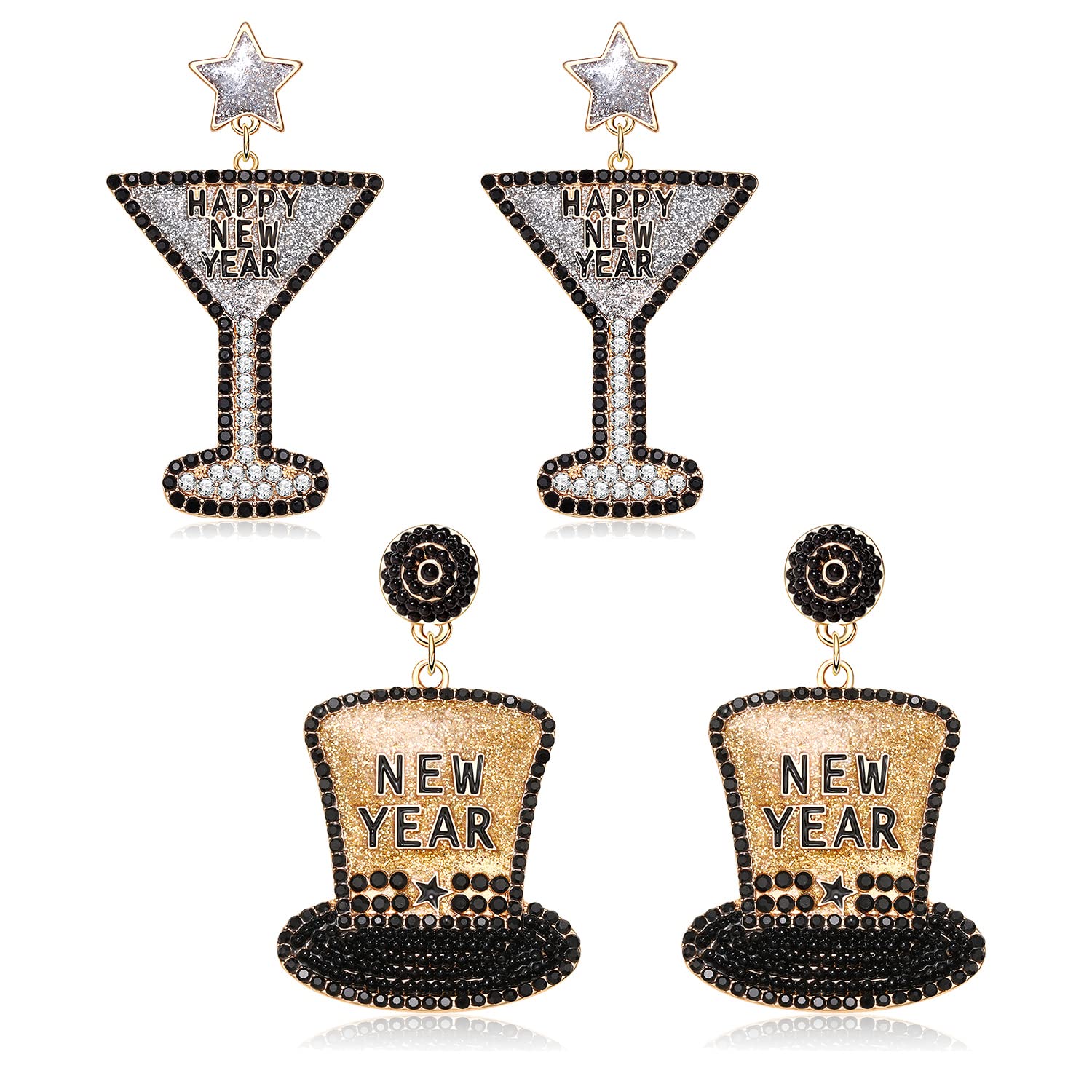 New Year Earrings Set 2026 NYE Earrings for Women Beaded Top Hat Cocktail Glass Dangle Earrings Statement Crystal Earrings Holiday Party Jewelry Gifts