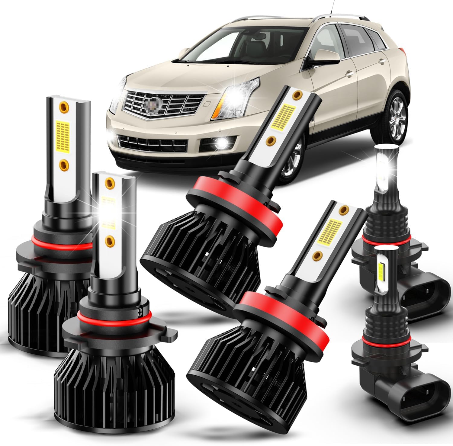 Fit For Cadillac SRX 2010-2016 Fog Light Bulbs, Hi Low Beam Bulbs+ Fog Lights Bulbs Kit, 6500K White, Plug and play, Pack of 6