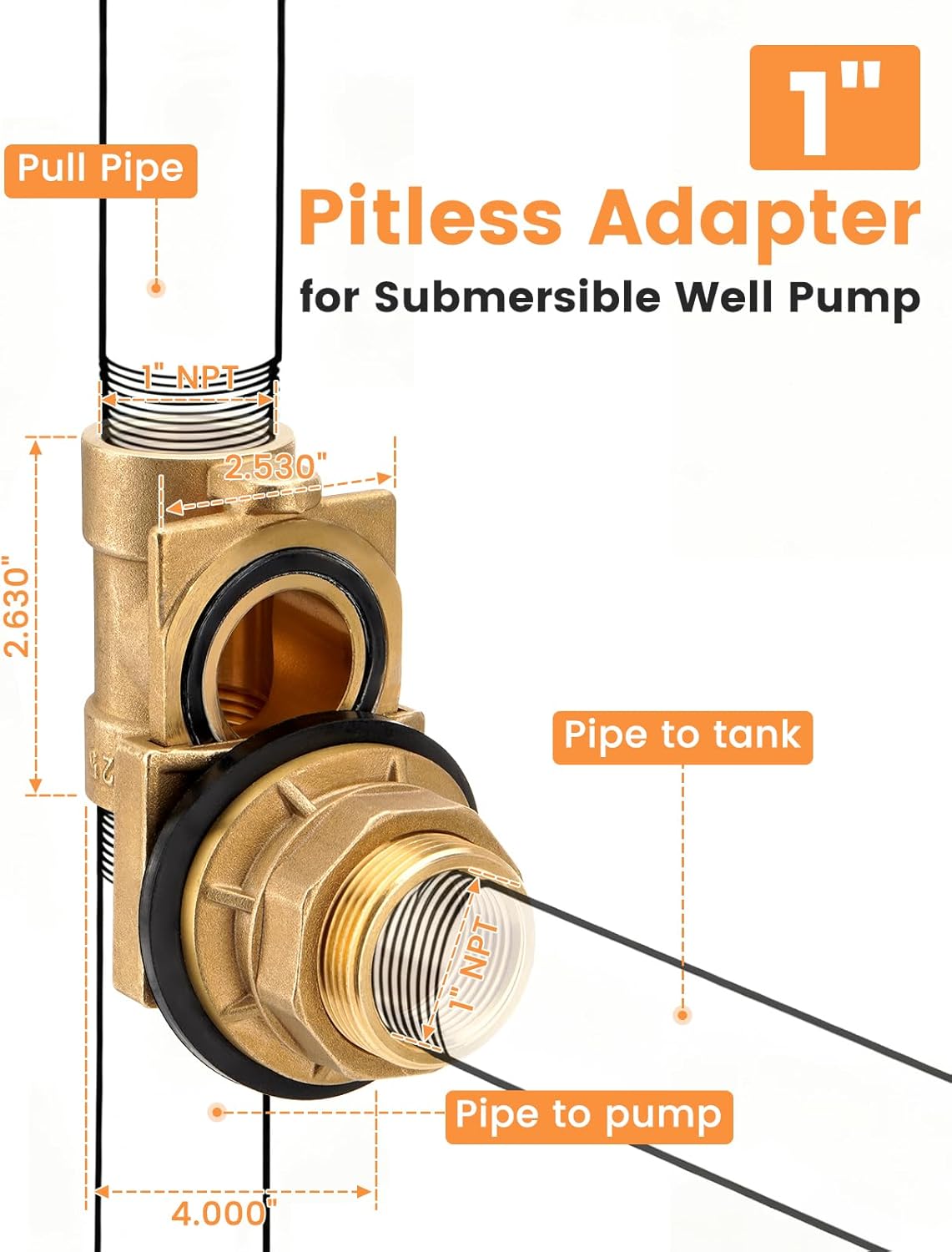 1" Brass Pitless Adapter for Submersible Well Pump 1" Drop and 1" Discharge Pipe, Fits Well Casing Sizes 4"-8", Casing Hole 1-3/4"