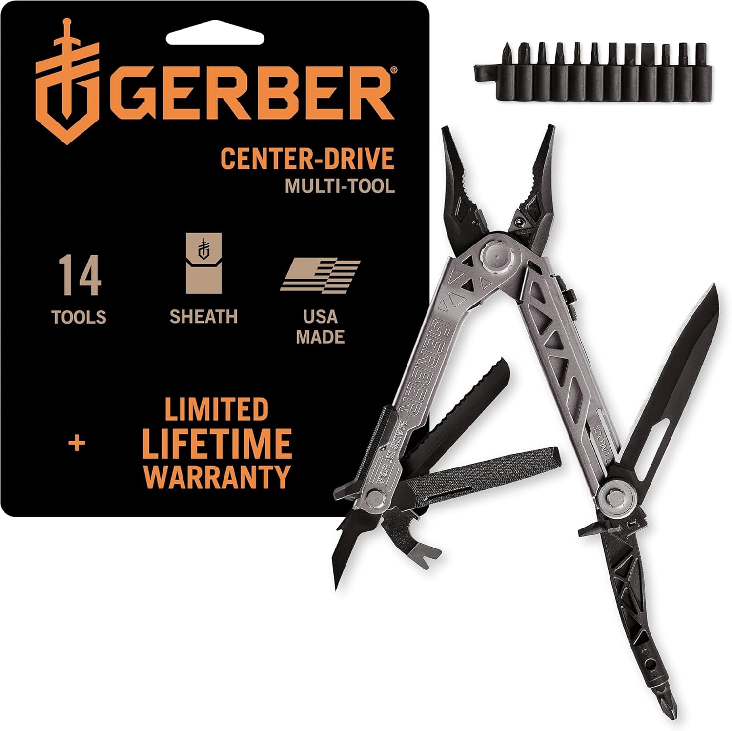Gerber Gear Center-Drive Multitool Bit Set - 16-Piece Multitool, 12-Piece Standard Bit Set - Includes Knife, Pliers, Wire Cutters, Bottle Opener & More - Silver Tool, Made in USA - Coyote Brown Sheath
