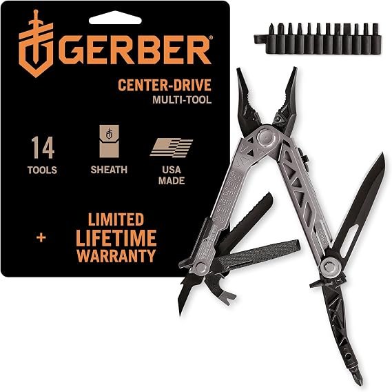 Gerber Gear Center-Drive Multitool Bit Set - 16-Piece Multitool, 12-Piece Standard Bit Set - Includes Knife, Pliers, Wire Cutters, Bottle Opener & More - Silver Tool, Made in USA - Coyote Brown Sheath