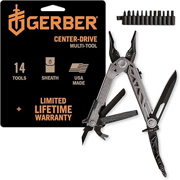 Gerber Gear Center-Drive Multitool Bit Set - 16-Piece Multitool, 12-Piece Standard Bit Set - Includes Knife, Pliers, Wire Cutters, Bottle Opener & More - Silver Tool, Made in USA - Coyote Brown Sheath