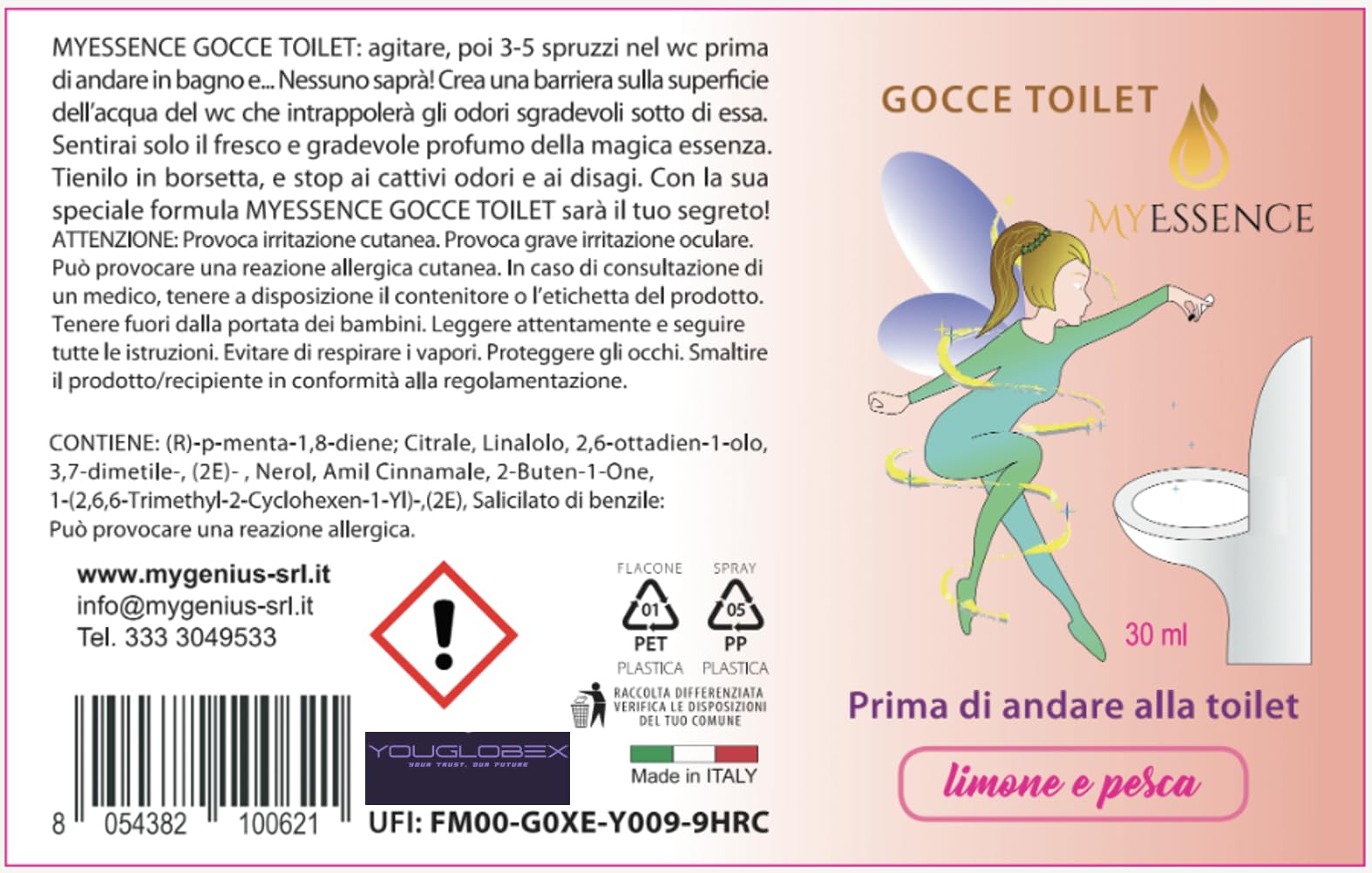 MYESSENCE Deodorante GOCCE DI TOILET Spray per WC e Bagno - Blocca Odori Pre-uso (Before You Go) | Tascabile per Casa • Ufficio • Ristorante • Viaggio | Confezione 1×30 ml - Fragranza LIMONE e PESCA
