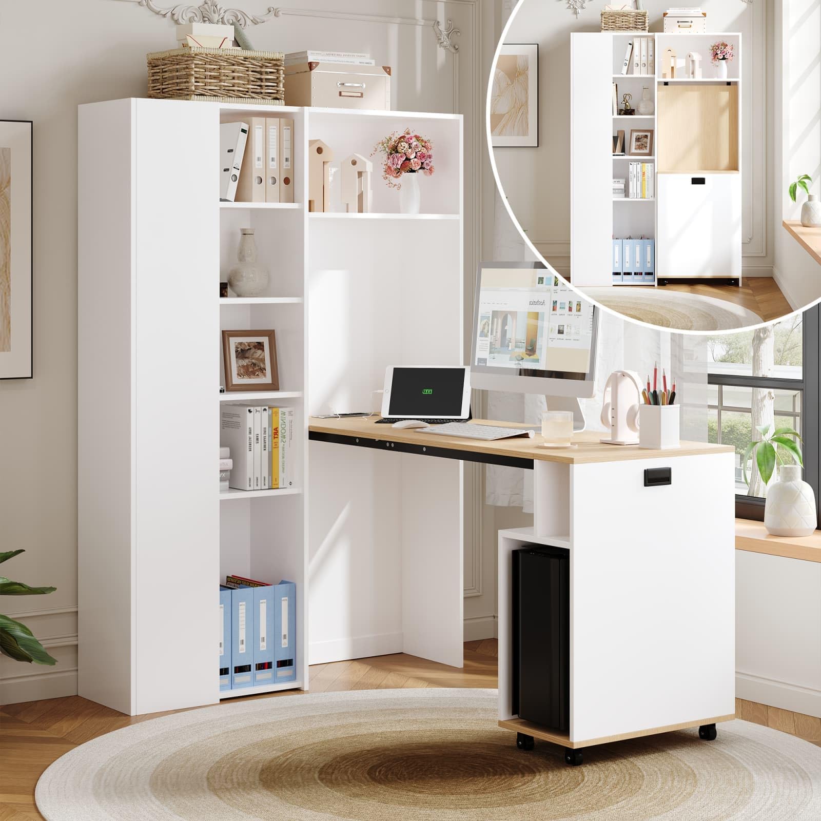 KOMHTOM Escritorio Plegable con Estantería Integrada a la Izquierda Mesa Ordenador Ahorro de Espacio con Enchufe y Puertos USB Blanco (Blanco Brillo - Estantería a la Izquierda)