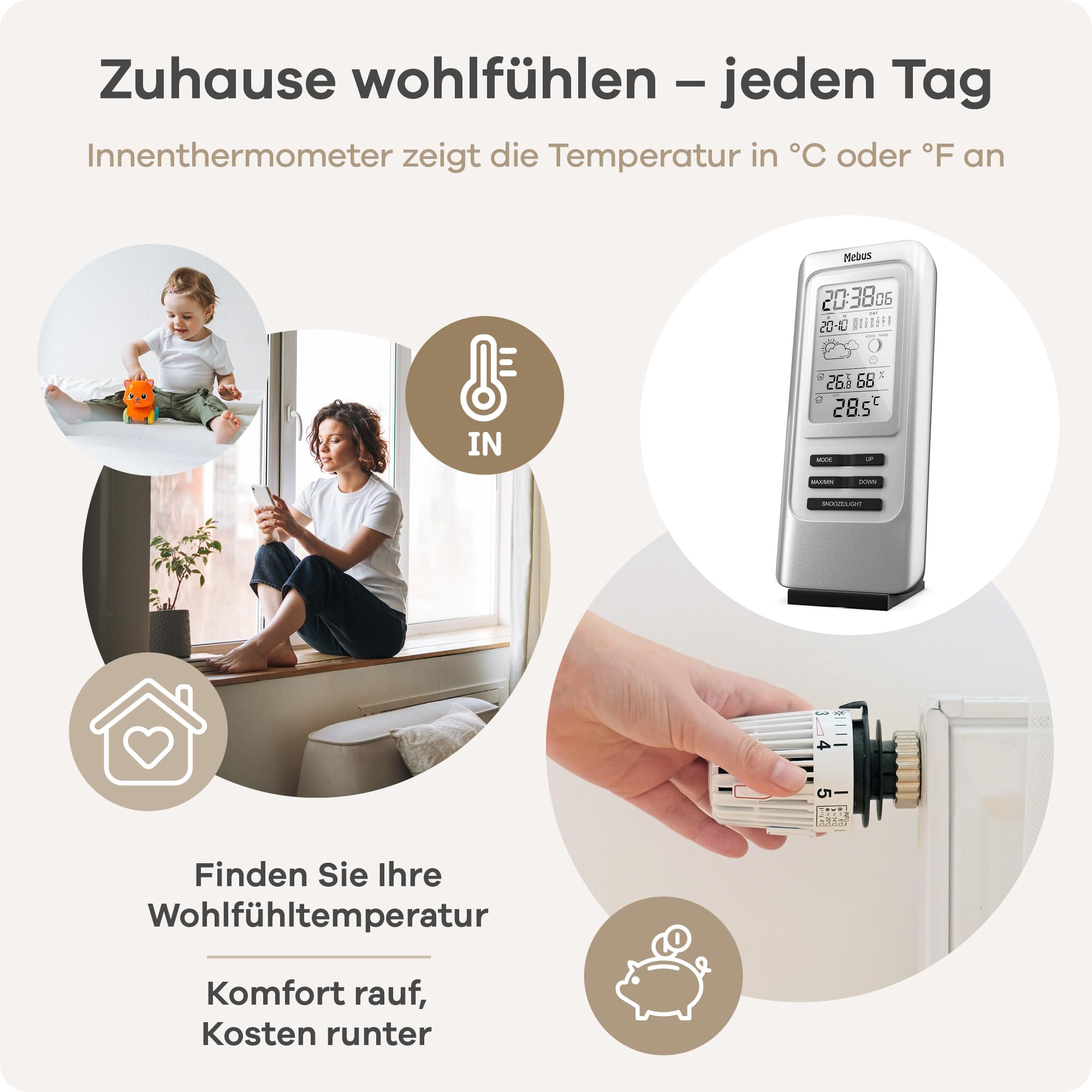 MEBUS funkgesteuerte Wetterstation mit Außensensor, Thermometer, Hygrometer, Funkuhr, Wohlfühlindikator bewertet Raumklima, Wettervorhersage, Mondkalender, Wecker, Farbe: Silber, Modell: 40627