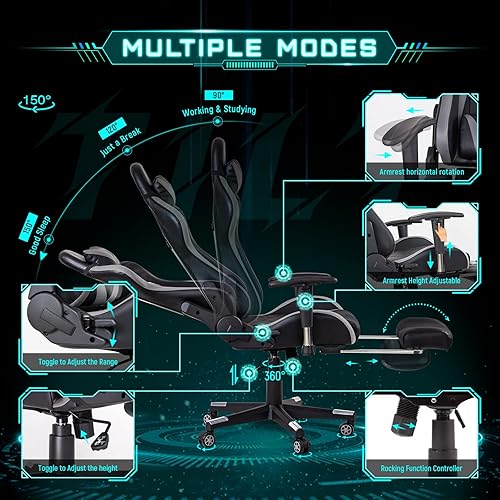 Miniatura 59 de AA Products - Silla ergonómica de carreras con respaldo alto y reposapiés, soporte lumbar y giratorio, color amarillo y blanco