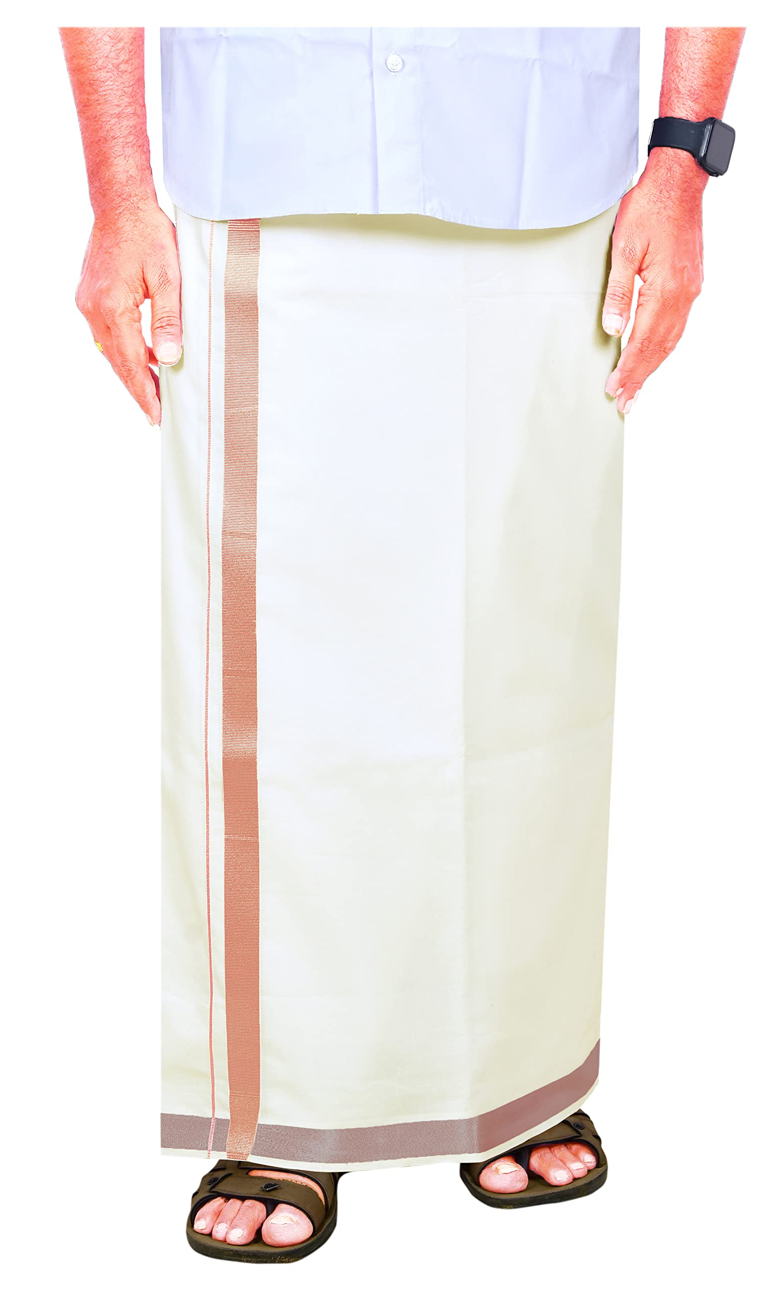 Mens Copper Jari Border 100% Cotton Cream Dhoti 4.00 Meters Double Mundu/Vesti