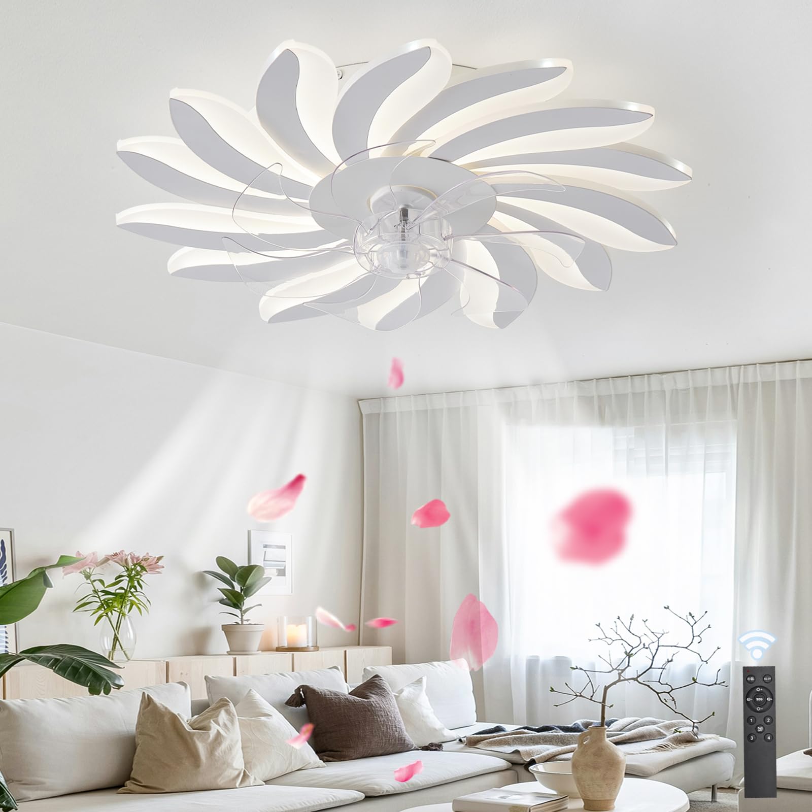 HXYSXHJUO Modern Petal - Shaped Ceiling Fans with Lights Remote, LED Quiet Lamps, Fan Light for Living Room Bedroom, Dimmable,Reversible,DC Motor,White