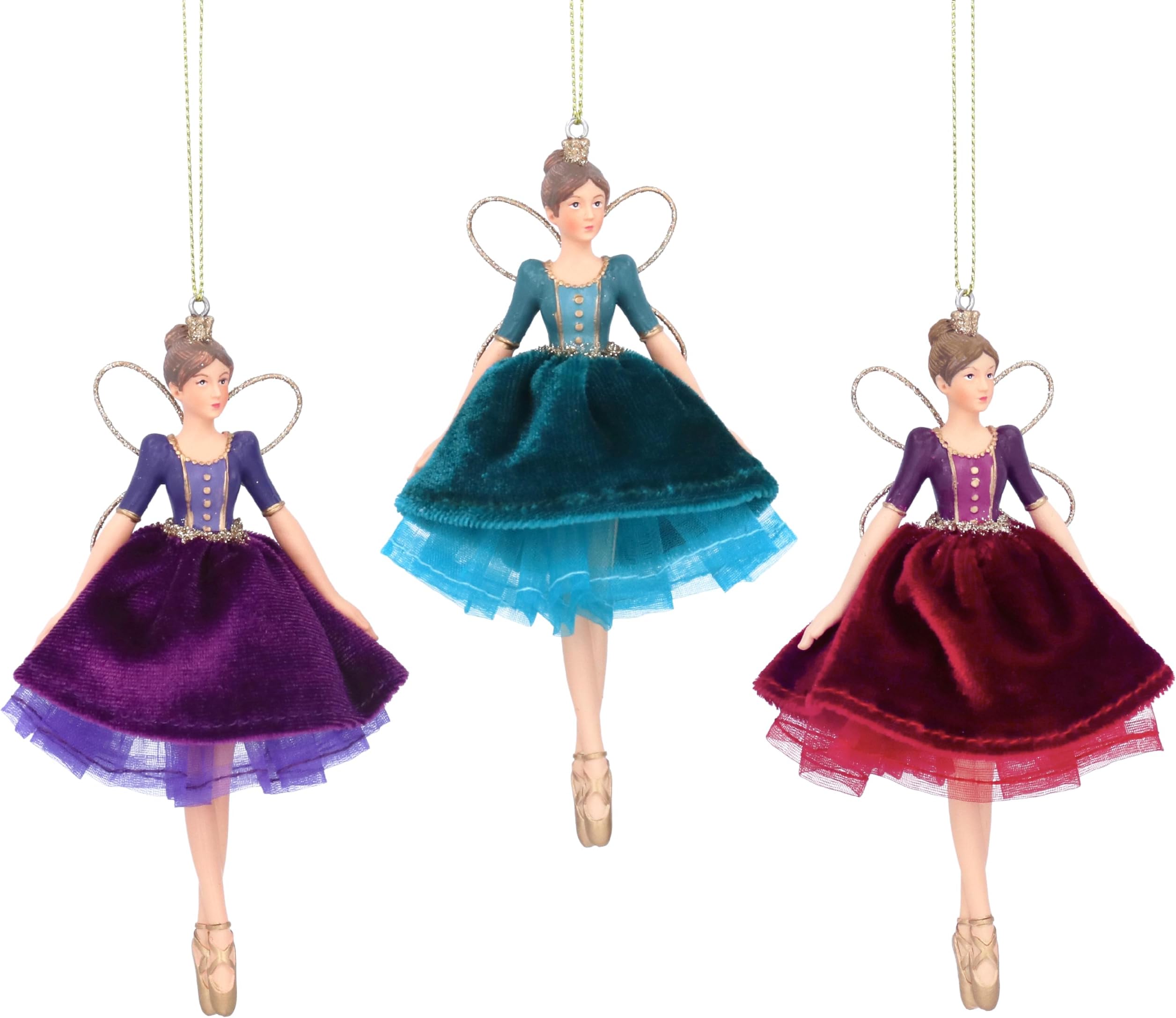 Gisela GrahamPurple Red and Teal Fairy in Gold Resin and Velvet 14 Centimetre hanging Decorations Decoration, set of 3