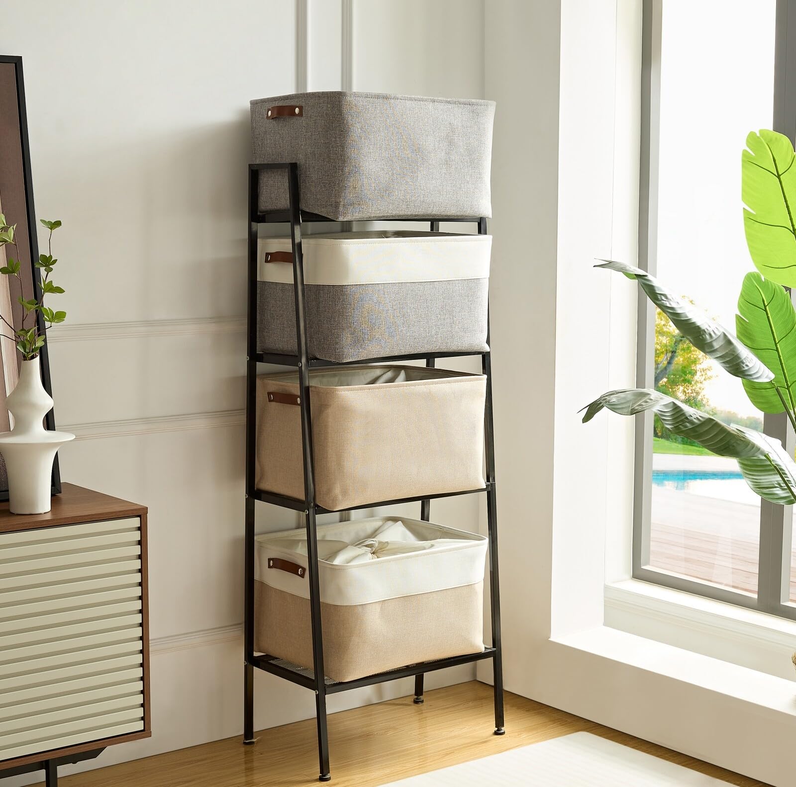 Mangata - Cajas de almacenamiento jumbo de tela, [paquete de 4] cesta de almacenamiento plegable acolchada con asas para estanterías de ropa (XXL, gris/blanco)