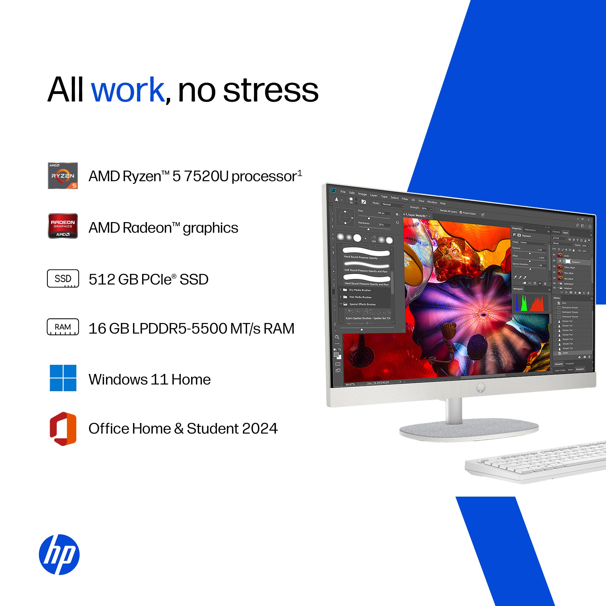 HP All-in-One, AMD Ryzen 5 7520U (16GB LPDDR5, 512GB SSD) IPS, Three-Sided, Micro-Edge, Anti-Glare, FHD, 23.8''(60.5 cm), Win 11 Home, Office 24, 5.27kg, FHD IR Camera, 24-cr0271in — Amazon image 5