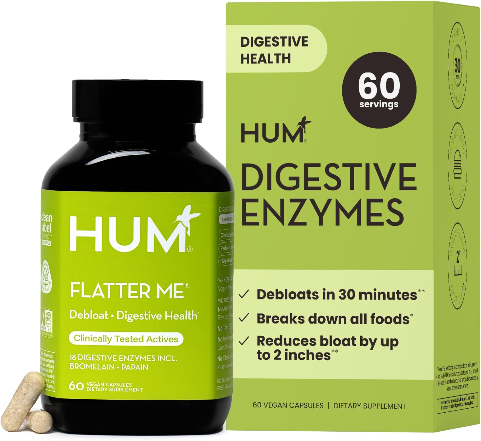 HUM Flatter Me Supplement for Daily Bloating - 18 Full Spectrum Digestive Enzymes to Support Food Breakdown - Ginger, Fennel Seed & Peppermint for Nutrient Absorption (30-Day Supply)