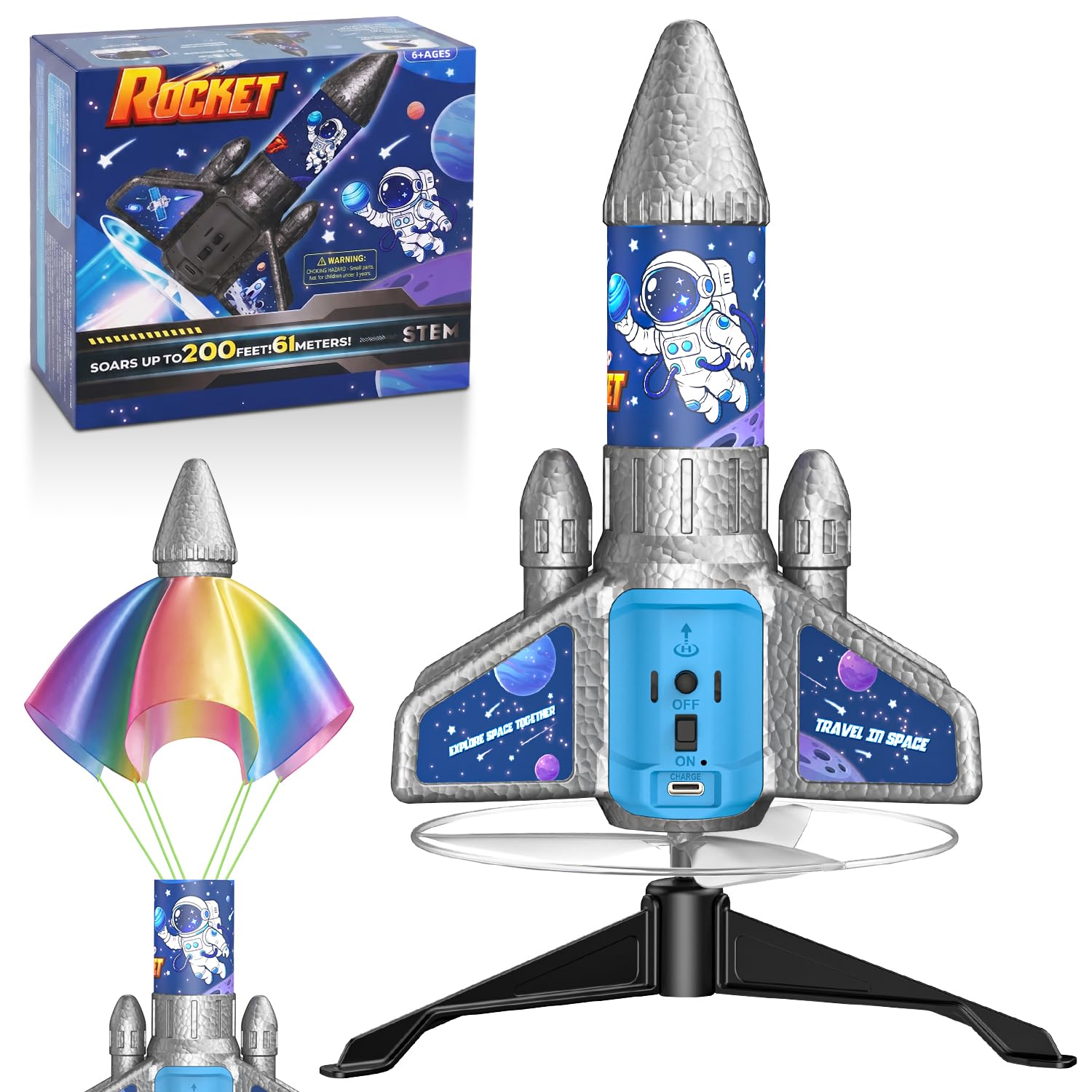 Rocket Launcher for Kids, Auto Launch Rocket Toy, 200Ft with LED Parachute