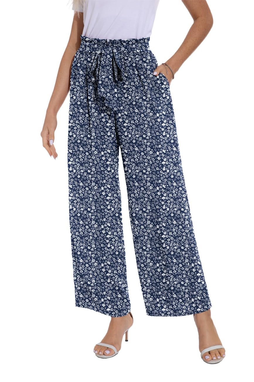 PrinStory Pantalon d'été léger à jambe large avec poches et taille élastique pour femme