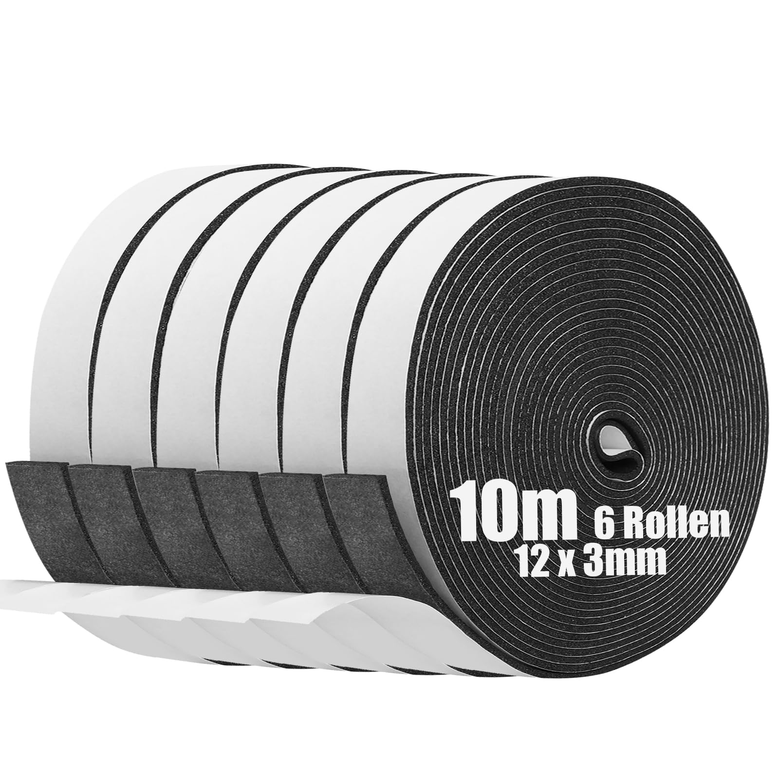 SDLDEER Foam Tape, Self Adhesive Foam Strip 12mm(W) X 3mm(T) X 10m(L) Weather Stripping Door Seal Strip, Draft Excluder for Windows Door, Anti-Collision, Weatherproof, Window Soundproofing(6 Rolls)
