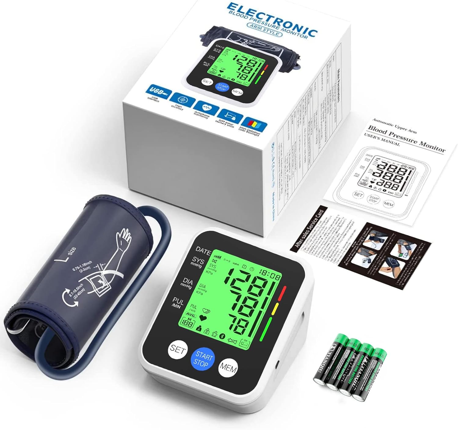 Contents of the IVKEY Blood Pressure Monitor package, including the monitor, cuff, batteries, and instruction manual, next to its retail box.