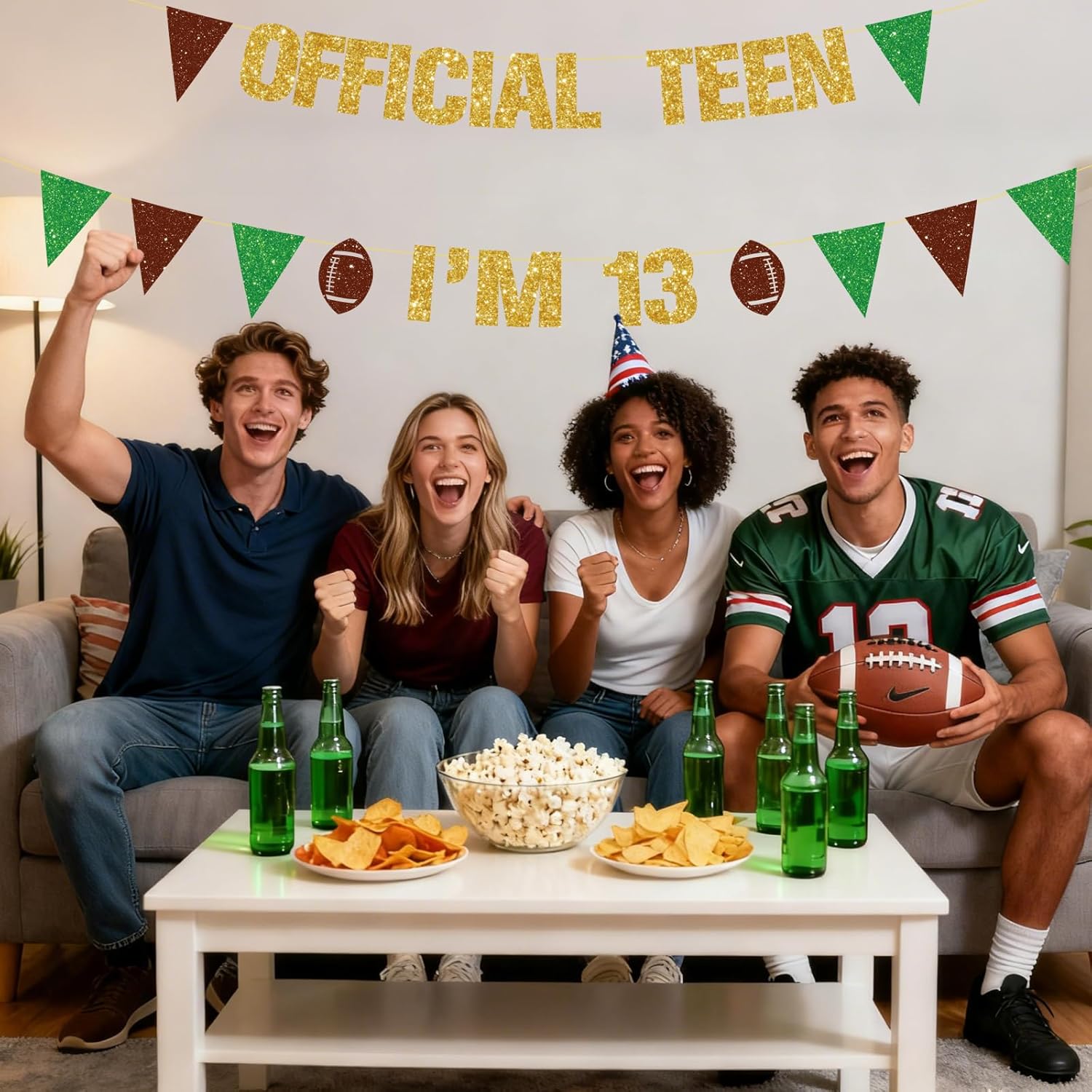 Pre-Strung Football 13TH Birthday Banner Glitter Official Teen I’m 13 Banner for Football Sport Themed 13TH Birthday Decorations (Gold)