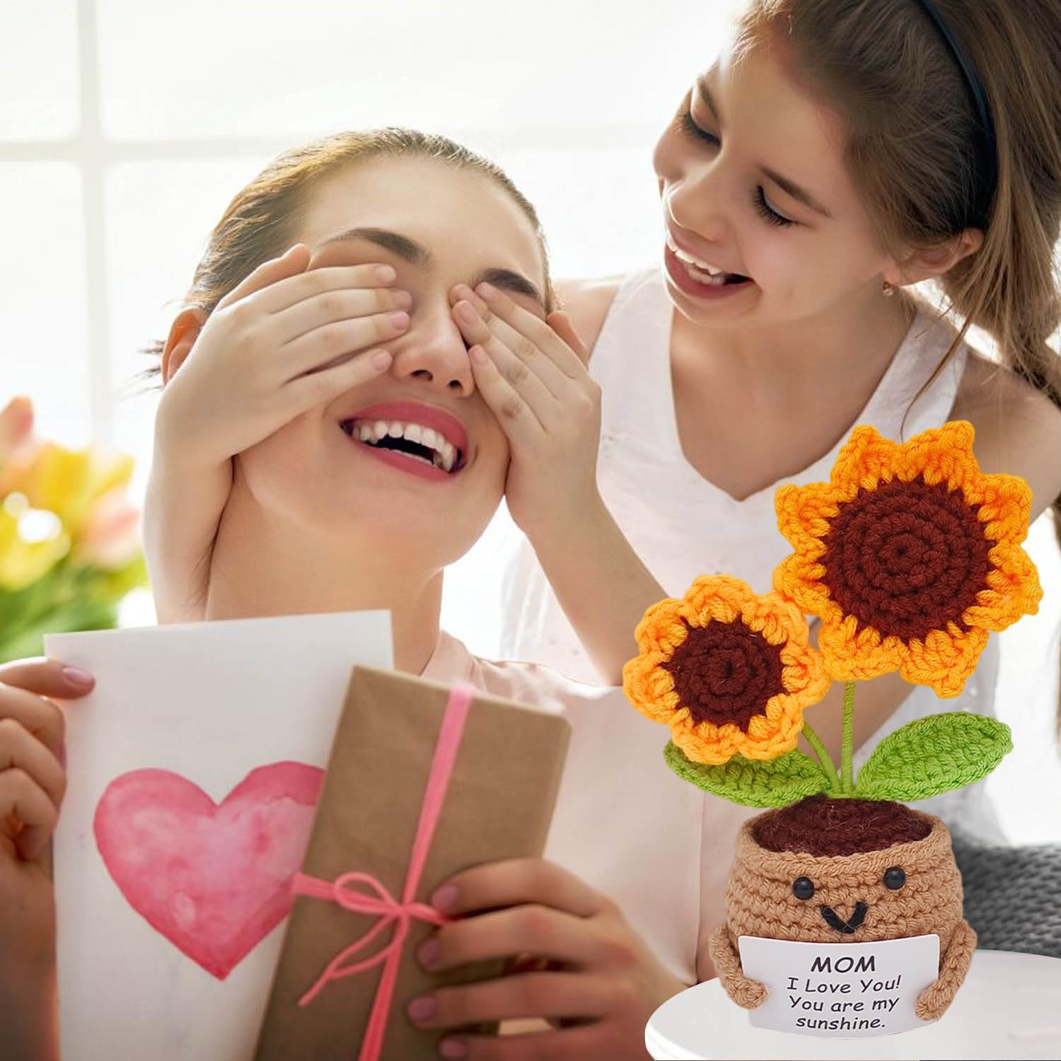 Positive Sunflower Crochet Plant with Card, Handmade Emotional Support Plush, Thank You Gifts for Mom, Christmas, Mother’s Day, Birthday Inspirational Gift for Mother