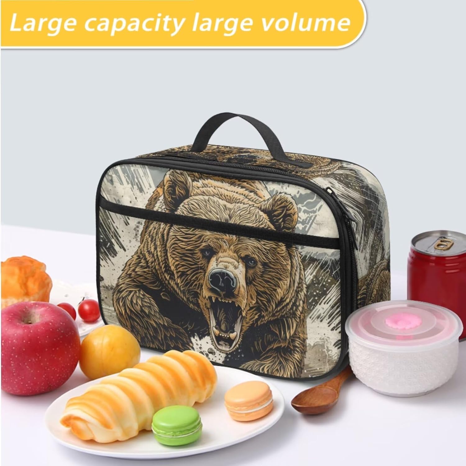 Boys Roaring Bear Backpack for Girls Boys Stylish 17 Inch School Backpack with Lunch Box Kids Sturdy Lightweight Soft Padded Back Animal Print Bookbag Set Black