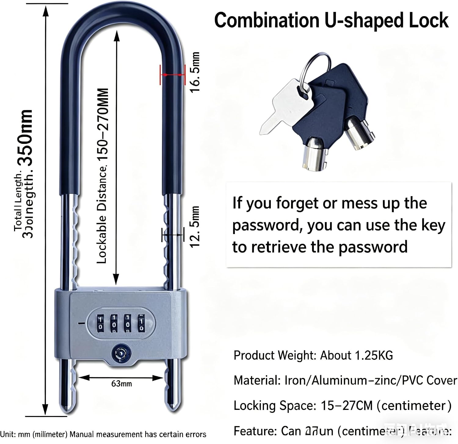 Long Shackle 4-Digit Combination U Lock Security Padlock | Adjustable shackle, heavy duty anti-theft lock for bicycle, e-bike, motorcycle, glass double door, 1 pack