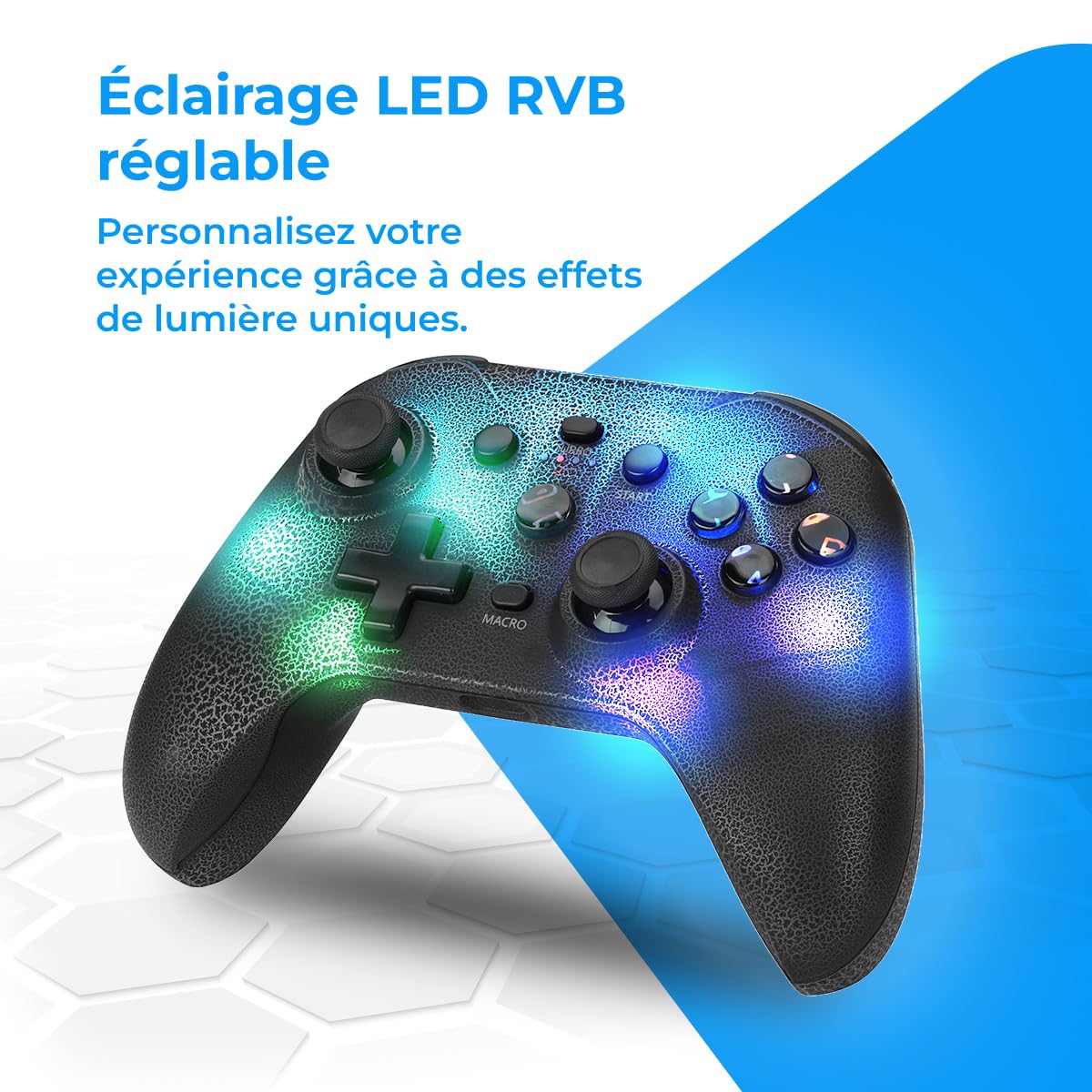 NK Wireless Switch Controller - LED RGB réglables, Compatible Switch/PC/Android/iOS, fonction Turbo, Réglages Macro, Bluetooth, 6 axes, 4 modes de vibration - Noir (avec support pour smartphone)