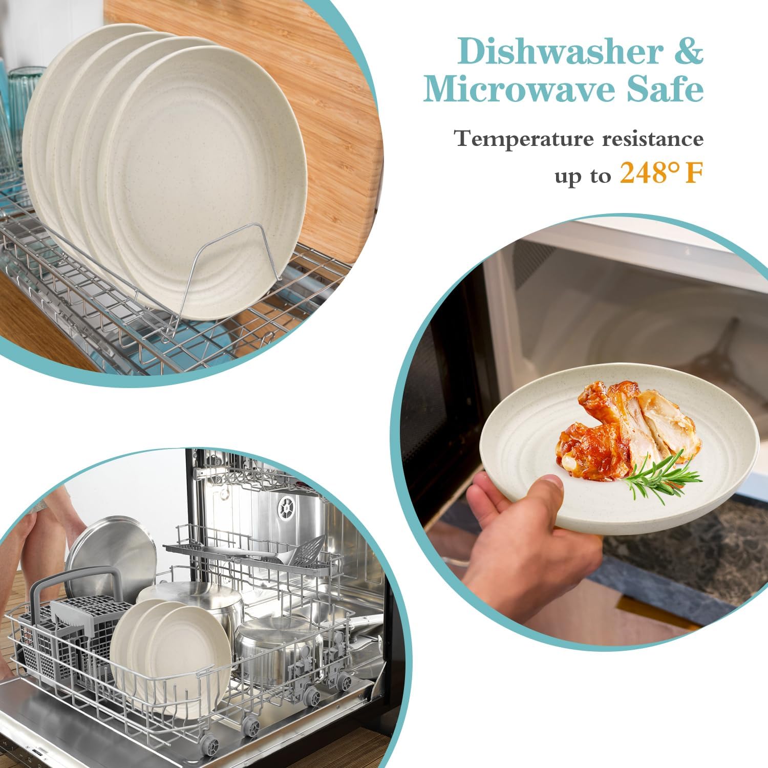 9 Inch Wheat Straw Plates Lightweight Unbreakable Dinner Dishes Plates 4PC Set Dishwasher & Microwave Safe Plastic Reusable