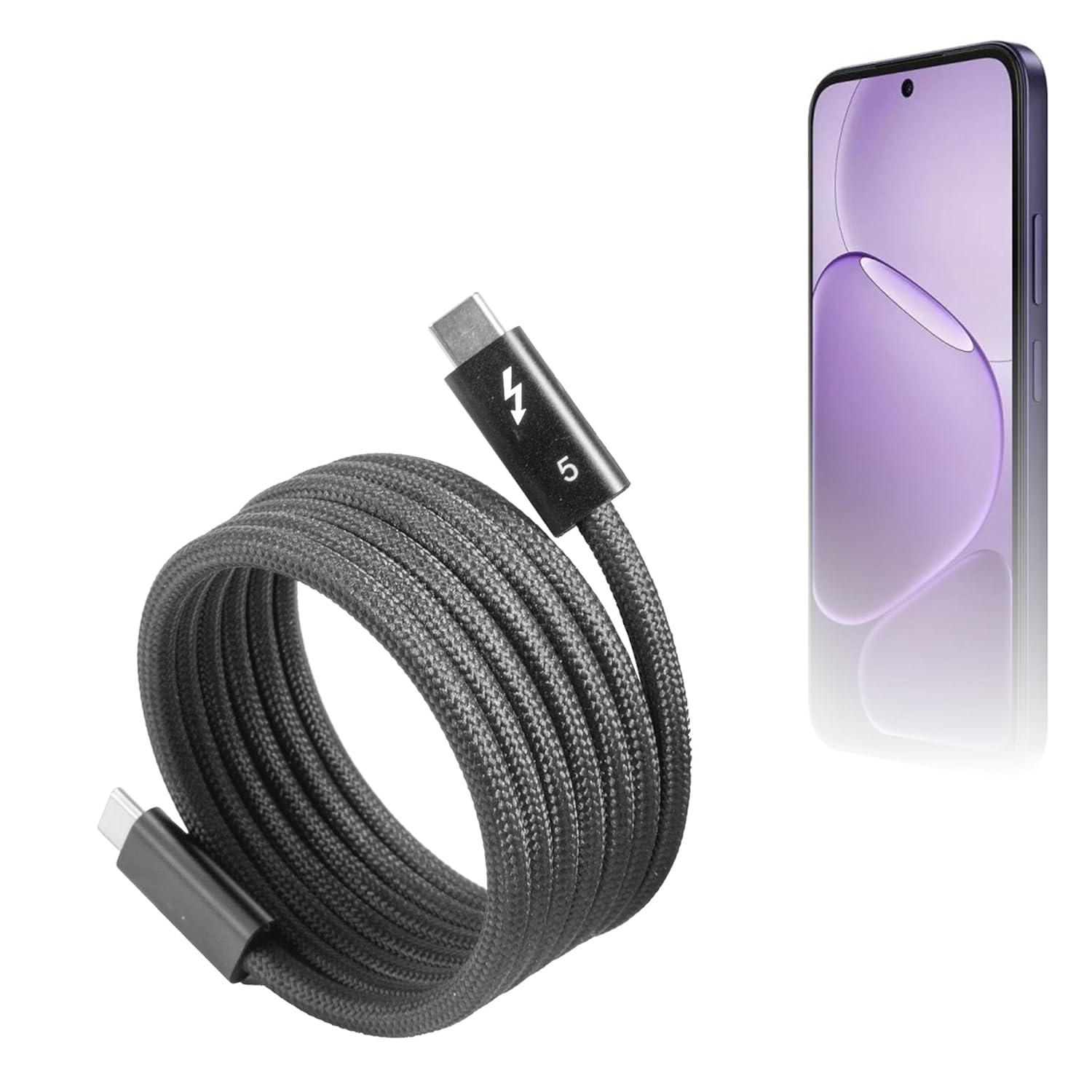 BoxWave Cable Compatible with Oppo K14x - SnapWrap Thunderbolt 5.0 Cable (5ft 240W), Magnetic Self-Coiling Nylon Braided Retractable - Jet Black