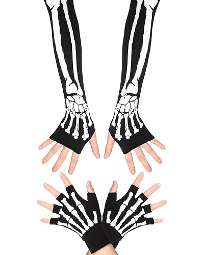 Zhanmai 2 Pairs Halloween Skeleton Gloves Elastic Knitted Fingerless Hand Warmer Unisex Warm Half Finger Gloves for Men and Women