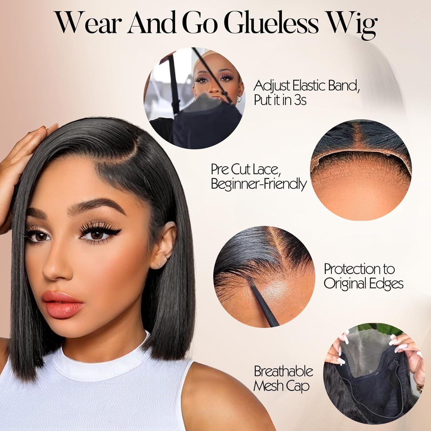 Glueless Wigs Human Hair Pre Plucked Pre Cut Straight Bob Wigs for Black Women 5x5 HD Lace Closure Wigs Human Hair Wear to Go Glueless Bob Wig 16 Inch