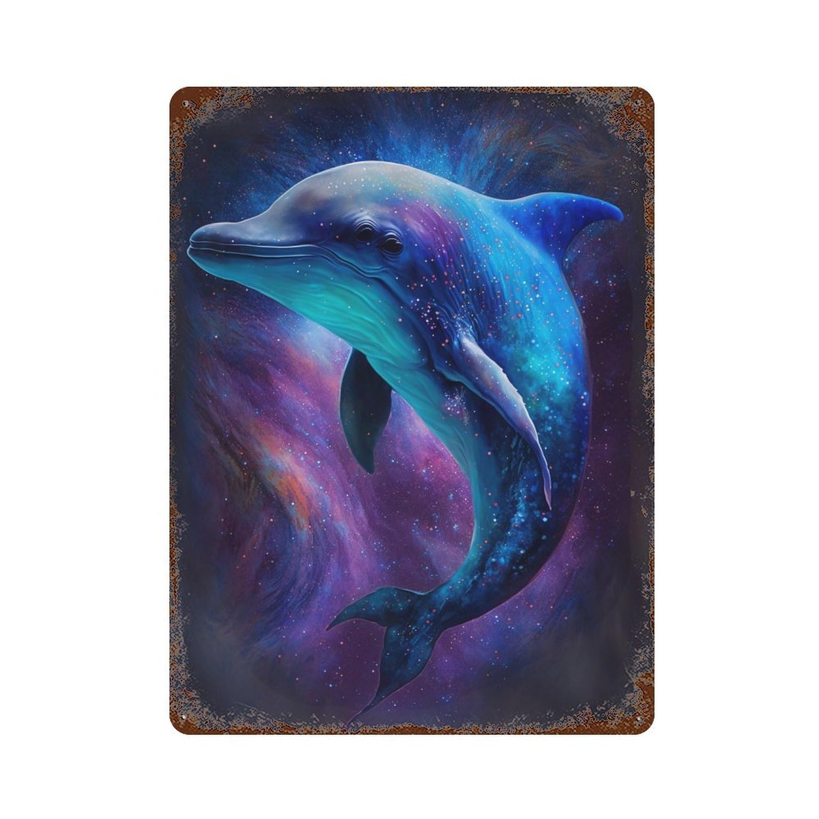 Cosmic Dolphin Art Print-2 Aged Metal Wall Plaque 15.7"x11.8", for Basement, Hobby Room And Garage Decor, Rustic Home Decor