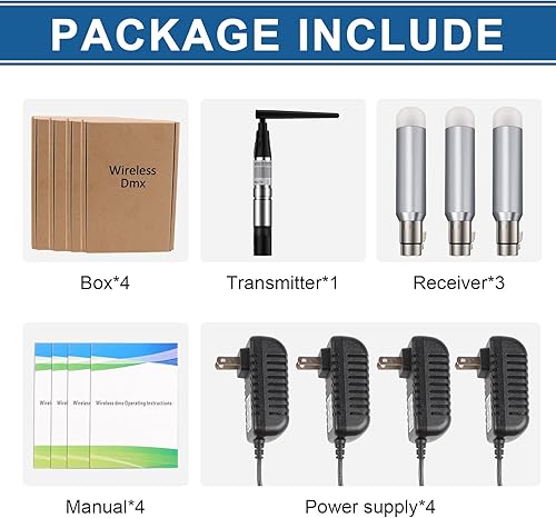 Miniatura 7 de DMX Wireless 4 unidades, 3 receptores recargables y 1 transmisor DMX 512 de 2.4G, versión larga, transmisor inalámbrico DMX para iluminación LED de