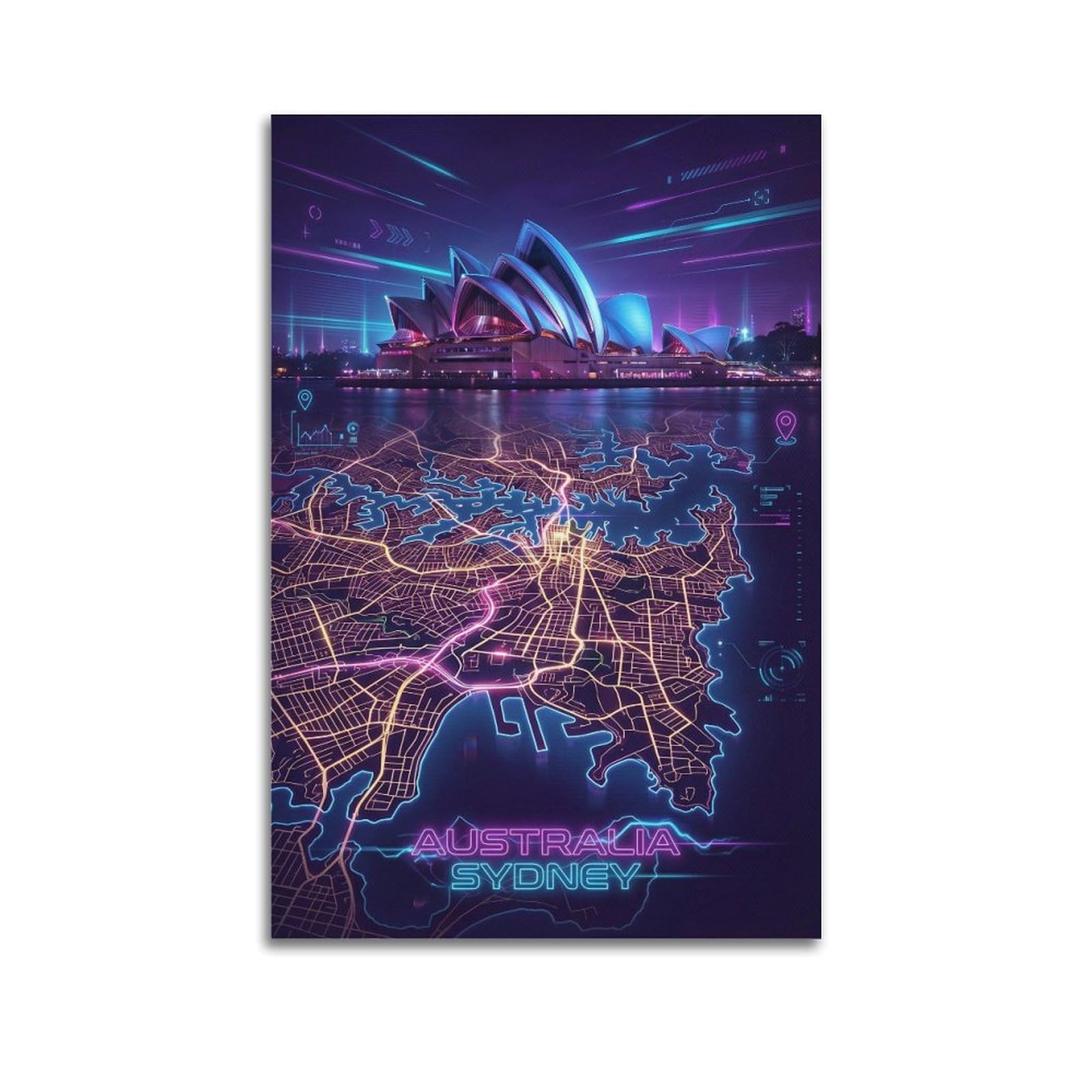 XKUGA Gamer Room Aesthetic Sydney Australia Map Poster Modern Decorative Canvas Prints - Ideal Wall Art for Family, Man Cave, Game Room, Boys & Girls Bedroom 24x36inch(60x90cm)