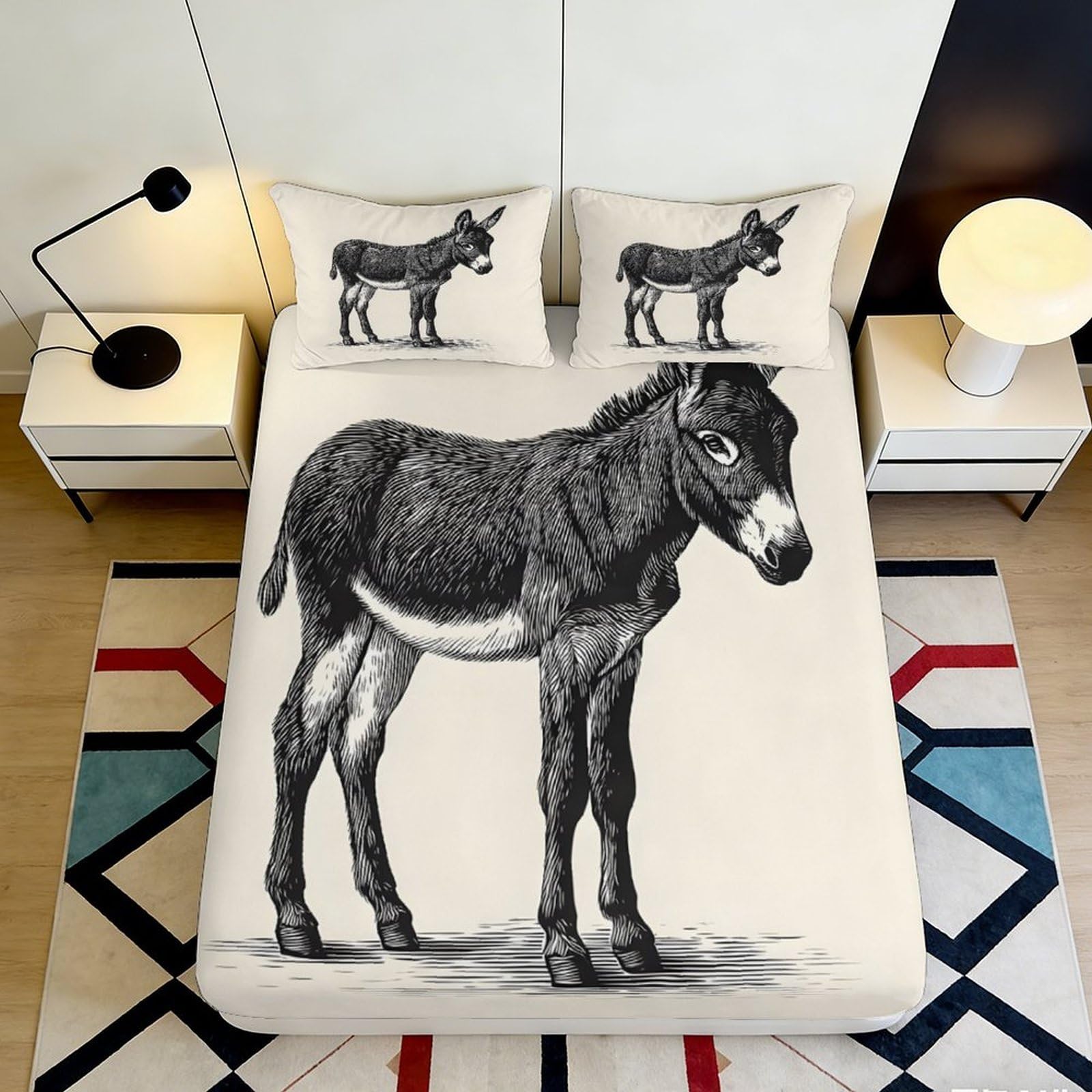 3D Printed Donkey Pattern Fitted Sheet Microfiber Soft Breathable Donkey Design Mattress Cover for Bedroom Dormitory Guest Room Mattress Protection Decor 160x200x25cm