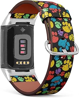 Compatible with Fitbit Charge 5, Patterned Leather Replacement Band (Colorful hand drawn doodle paw prints)