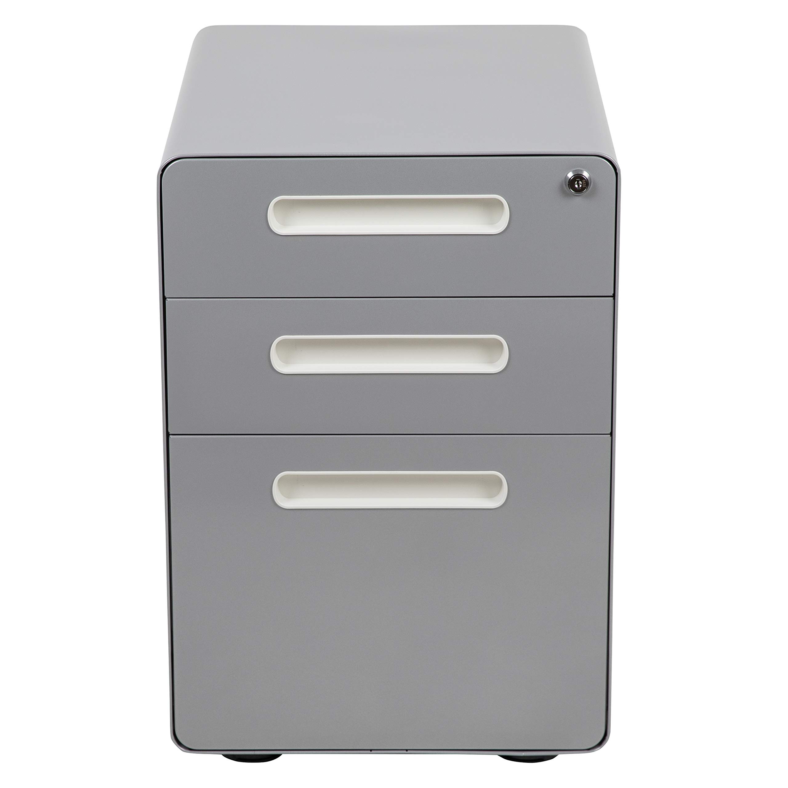Flash Furniture WREN - Archivador ergonómico de 3 cajones con Mecanismo antibalancín, cajón Colgante para Bandeja Derecha y Cartas, Color Gris