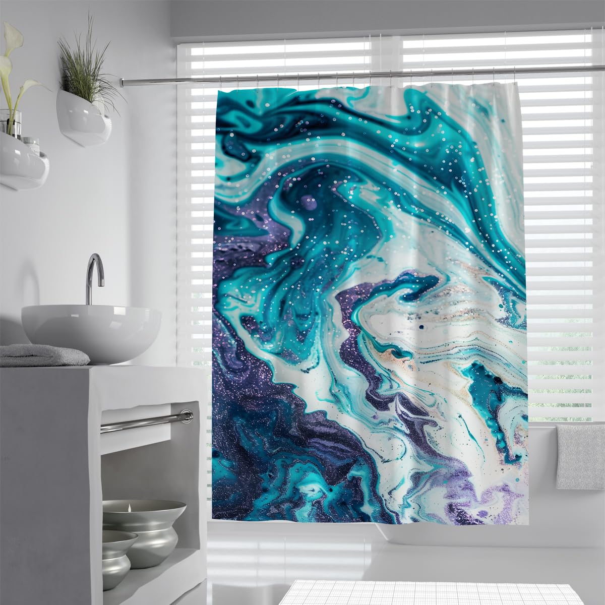 UIRINGART Shower Curtain W200xL220cm Mould Resistant Mildew Proof Teal Turquoise Purple White Fluid Marble Texture Dot Pattern Polyester Fabric Washroom Screen with Hooks
