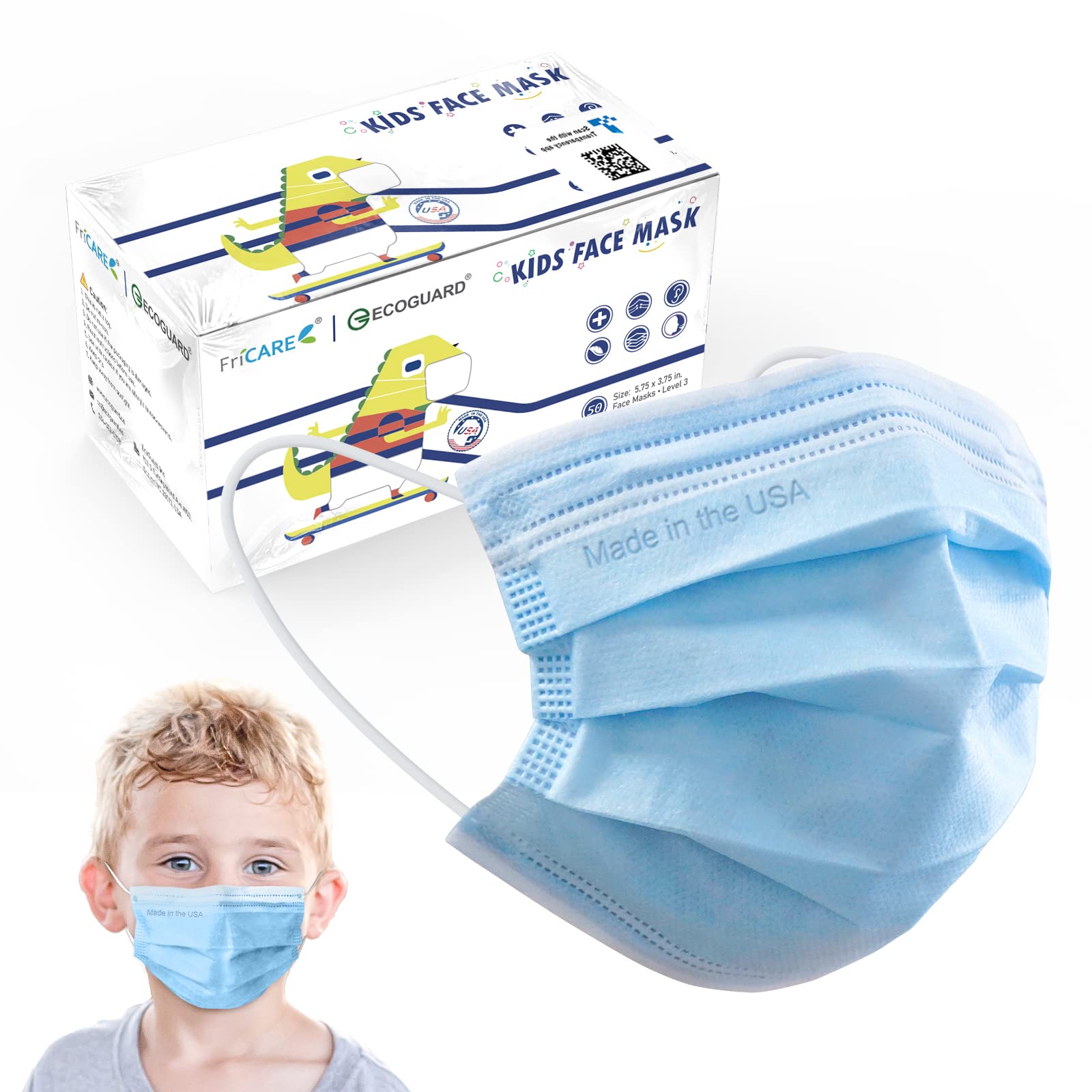 FriCARE Kids Face Masks Made in USA, 3-Ply Disposable Mask for Children, ASTM Level 3 Medical Grade, Breathable & Comfortable for Allergy/Sun Protection, 50 Pack Blue