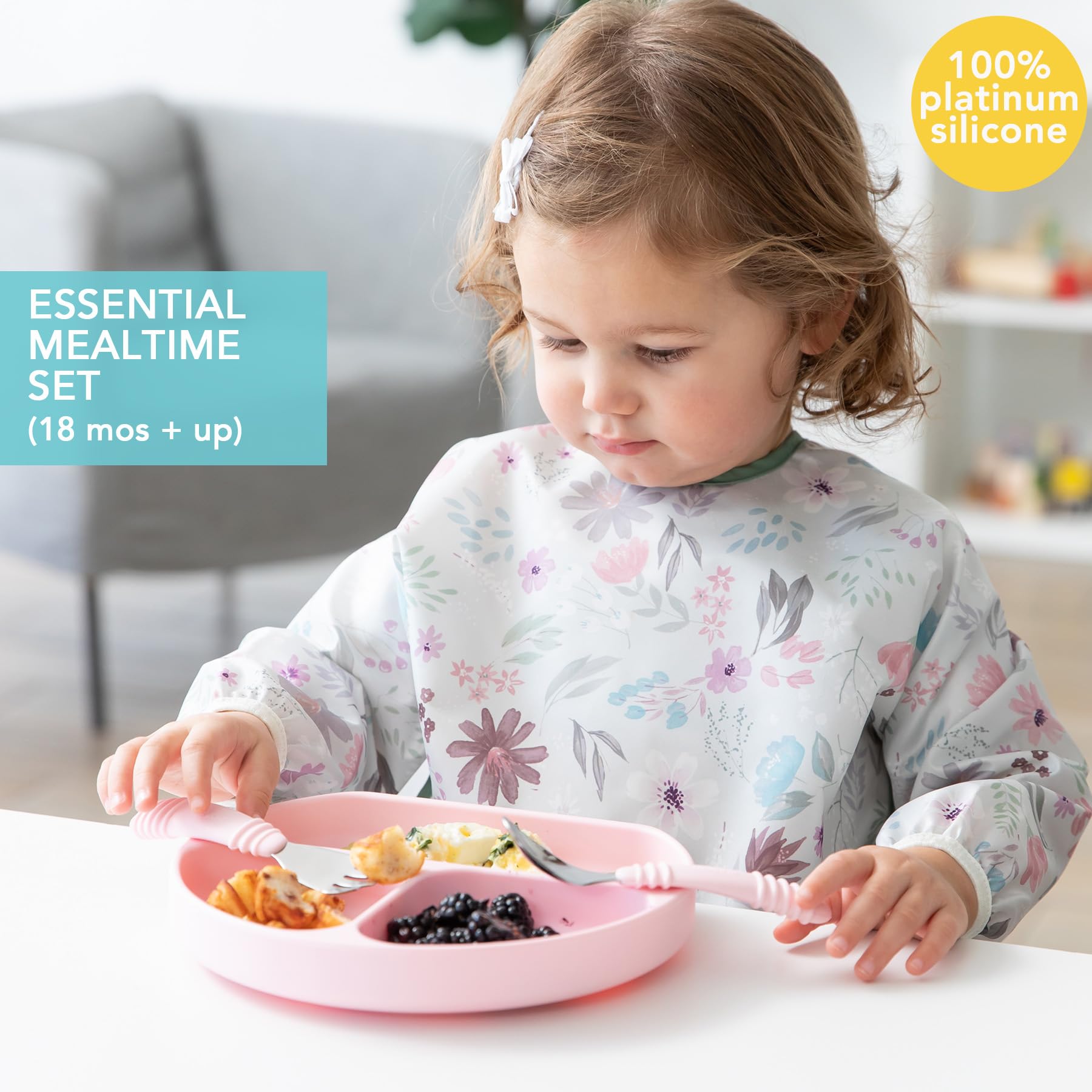 Bumkins Silicone Grip Dish 3-Section, Fork and Spoon & Silicone Lid, Pink