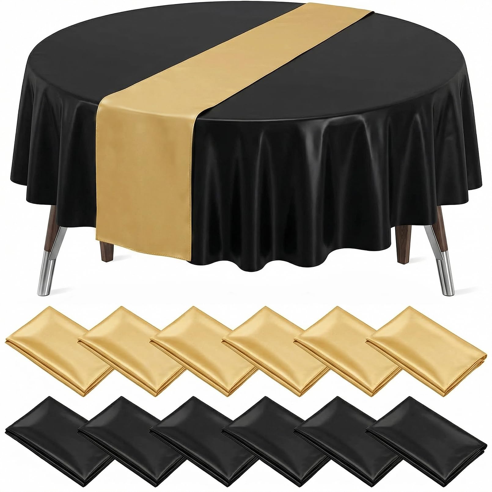 Incisite Black And Gold 12Pack 12X108 Inch Satin Table Runner And 84 Inch Round Plastic Tablecloths, Black Disposable Round Tablecloth,Gold Satin Table Runner For Wedding Birthday Bridal Shower Party Decorations