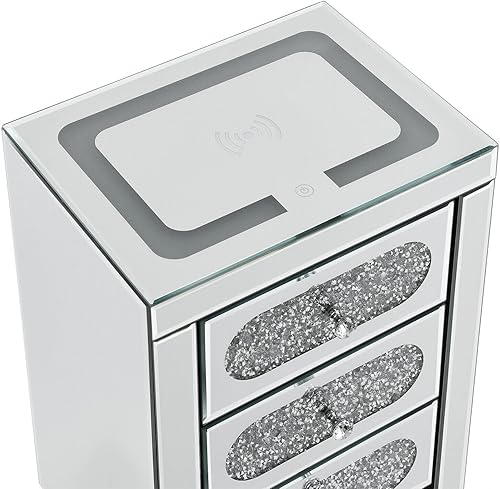 Miniatura 7 de COSVALVE Mesita de noche plateada, mesa auxiliar con espejo con carga inalámbricaUSBtipo C, moderna mesa auxiliar LED con cajones de cristal,