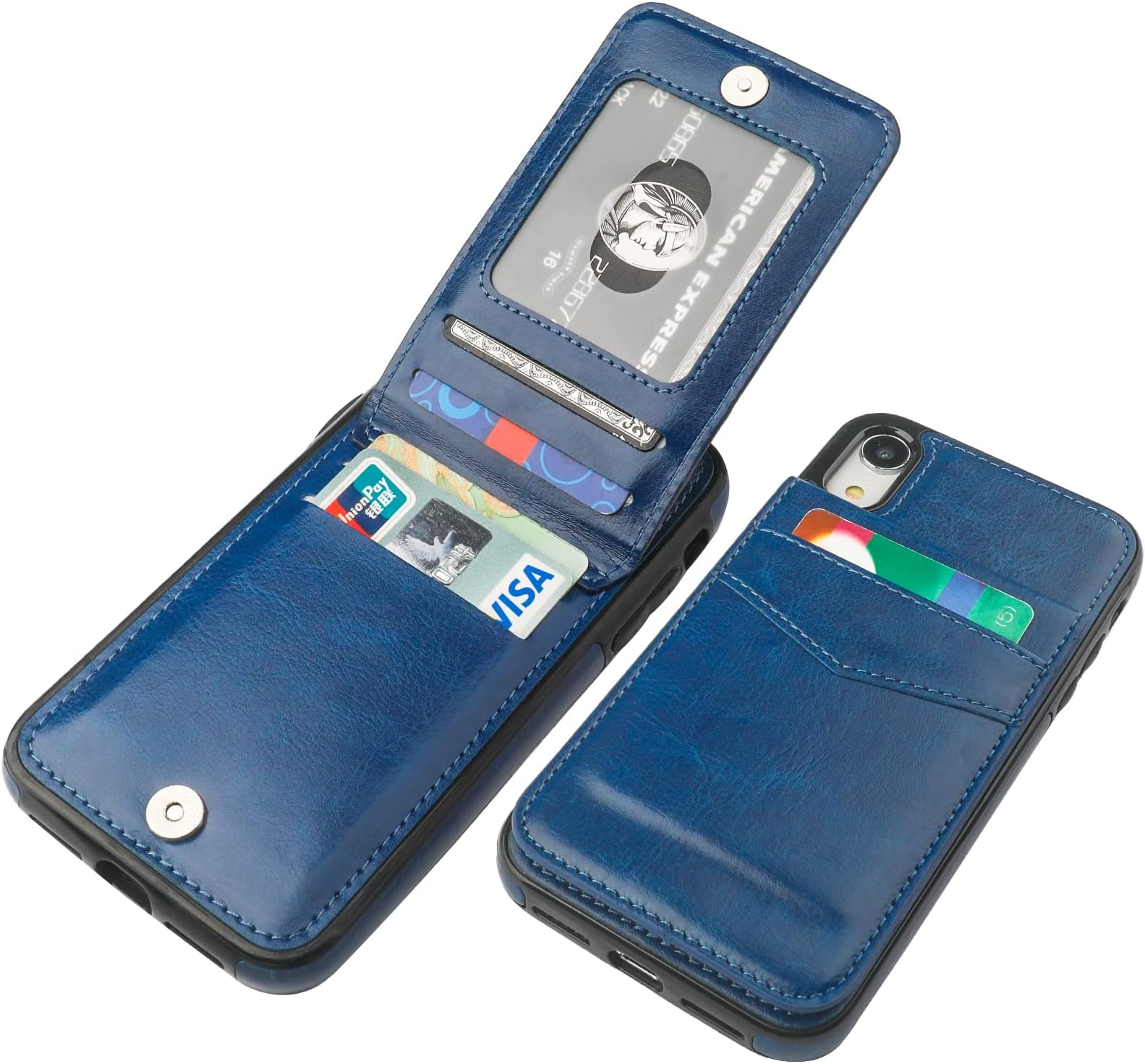 KIHUWEY iPhone XR Case Wallet with Credit Card Holder, Premium Leather Magnetic Clasp Kickstand Heavy Duty Protective Cover for iPhone XR 6.1 Inch(Blue)