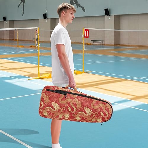 Miniatura 8 de Bolsas de raqueta de bádminton de tenis, impermeable, dragón dorado chino, 2 raquetas, cubierta de raqueta de tenis, bolsa de gimnasio para mujeres