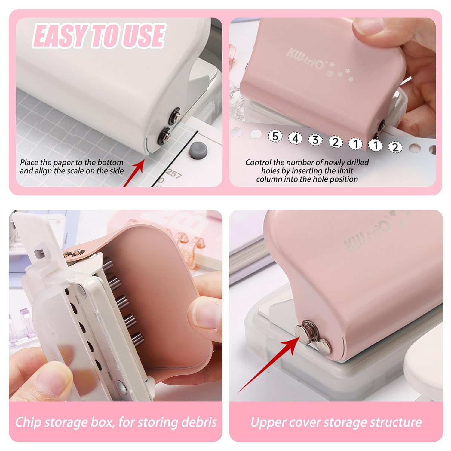 Adjustable 5-Hole Punch with Positioning Mark, Portable Metal 5 Hole Puncher, 8 Sheet Capacity, Paper Puncher Binding Hole Punch for Planner, A4-30 Holes, A5-20 Holes, B5 26 Holes, Refill Pages