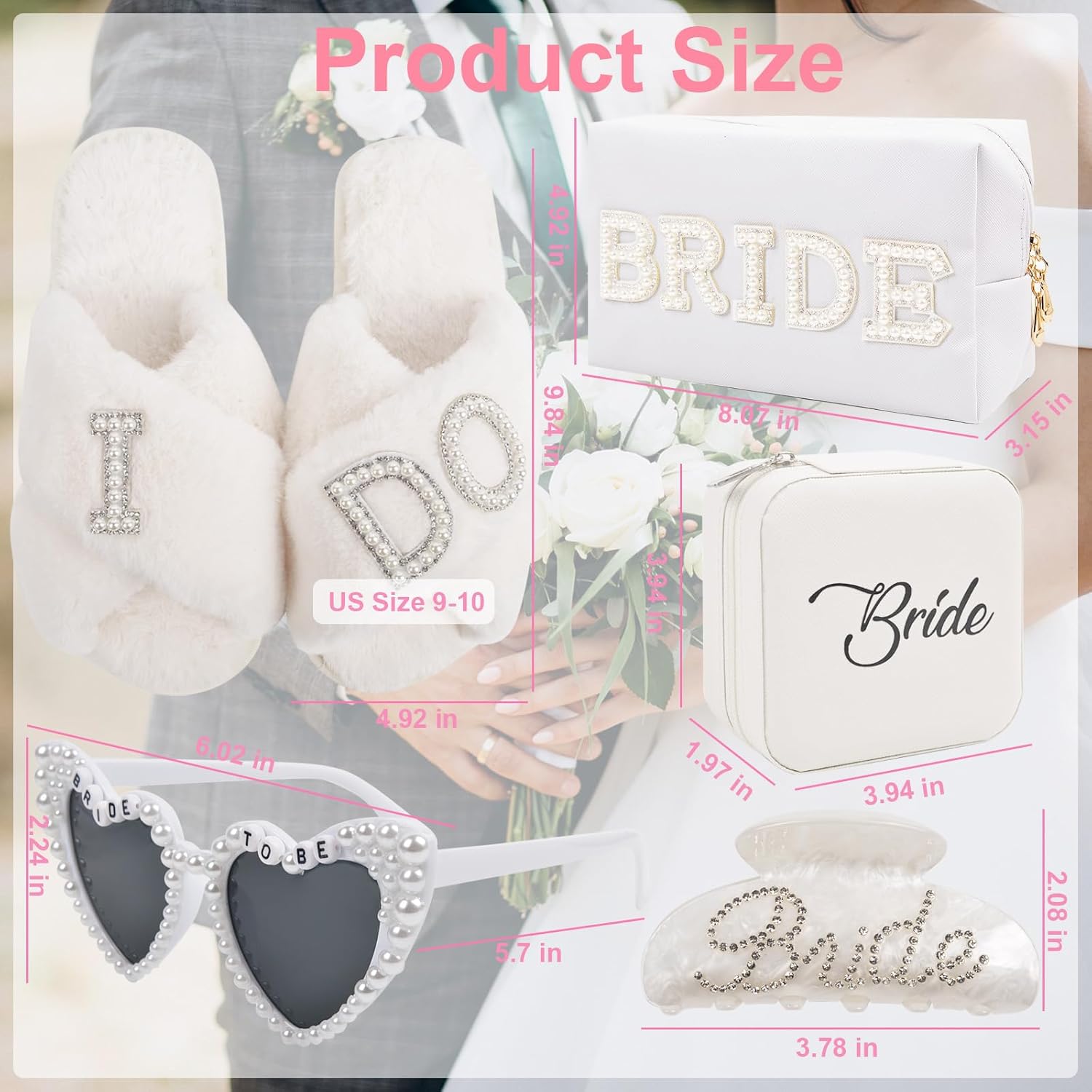 Bridal Shower Gifts for Bride - 5 Pcs Bride to Be Gift Set, I DO Slippers, Makeup Bag, Heart Sunglasses, Jewelry Box, Hair Clip, Cool Bachelorette Engagement Wedding Day Party Accessories for Her