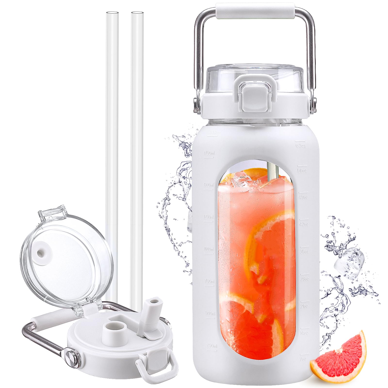 HYDRAGLAZIC 2 Liter Glass Water Bottle with Straw and Time Marker 2L  Motivational Water Tumbler with Silicone Sleeve and Spout Lid Wide Mouth  Borosilicate Water Jug BPA Free Leak-proof - BigaMart