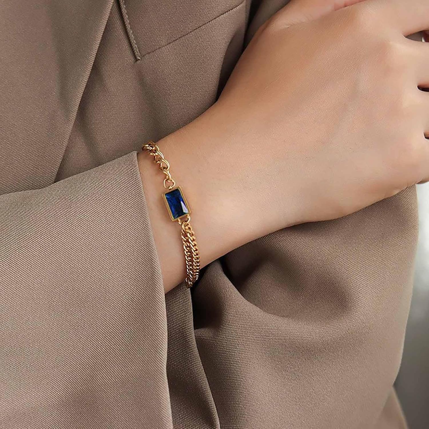 W WEILIRIAN Square Sapphire Bracelets for Women Blue Crystal Bracelet Layered Blue Gem Bracelet Handmade Adjustable Bracelet Hand Chain Jewelry for Girls Gifts - Image 5