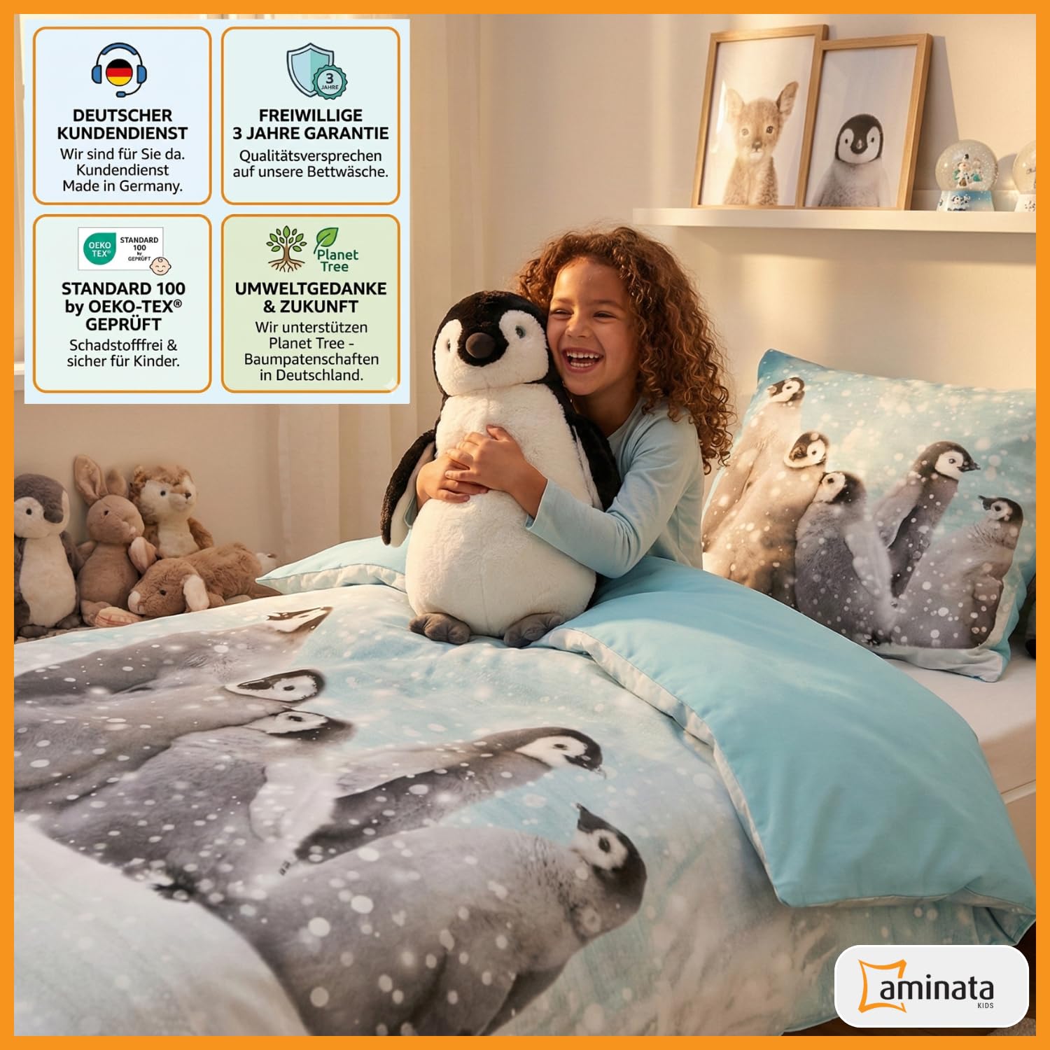 Aminata kids Biber Pinguin Bettwäsche 135x200 cm 100% Baumwolle Petrol